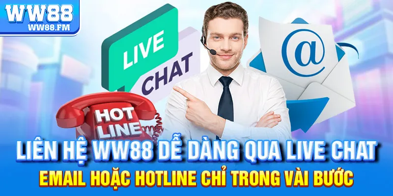 Liên hệ WW88 3 Liên hệ WW88 dễ dàng qua live chat, email hoặc hotline chỉ trong vài bước